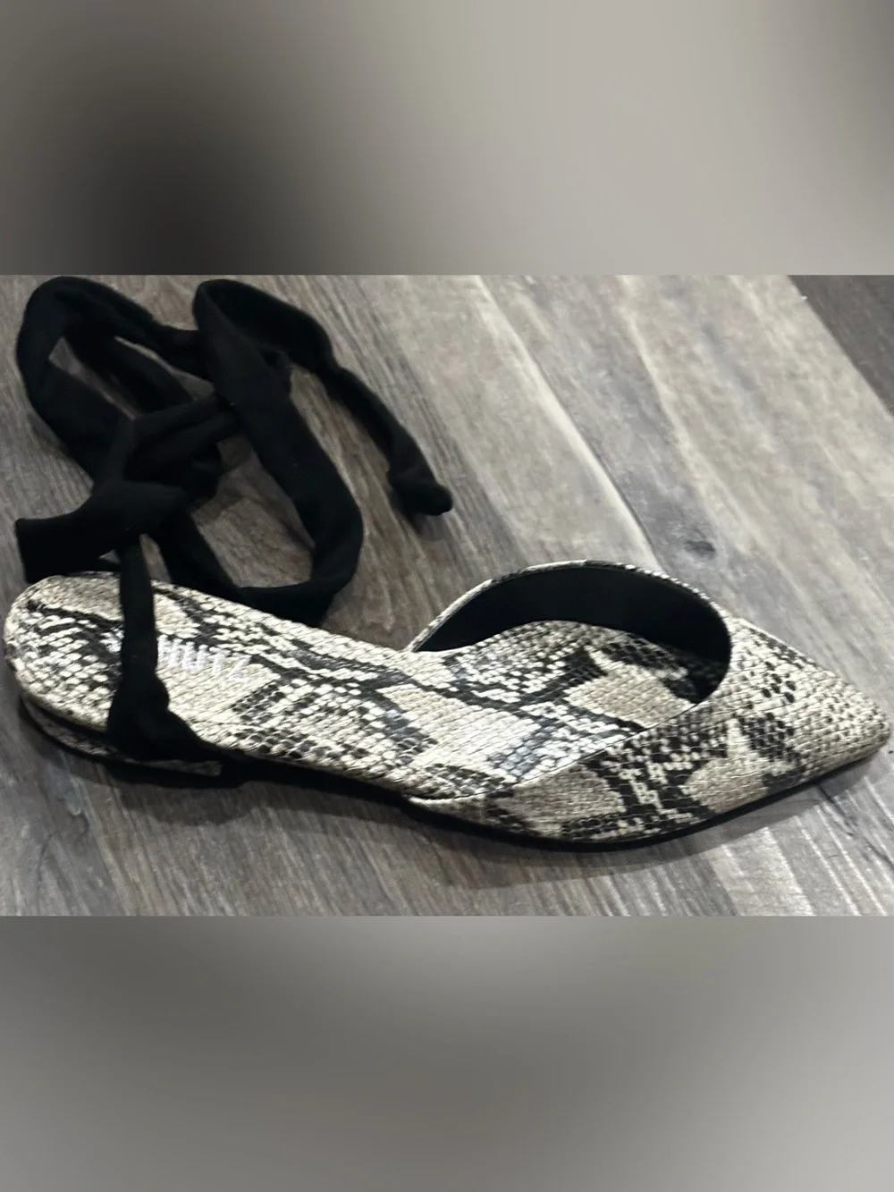 NIB Schutz Barbrah Snake Print Tie Ankle Ballet Flats Black Gray 9.5 Balletcore